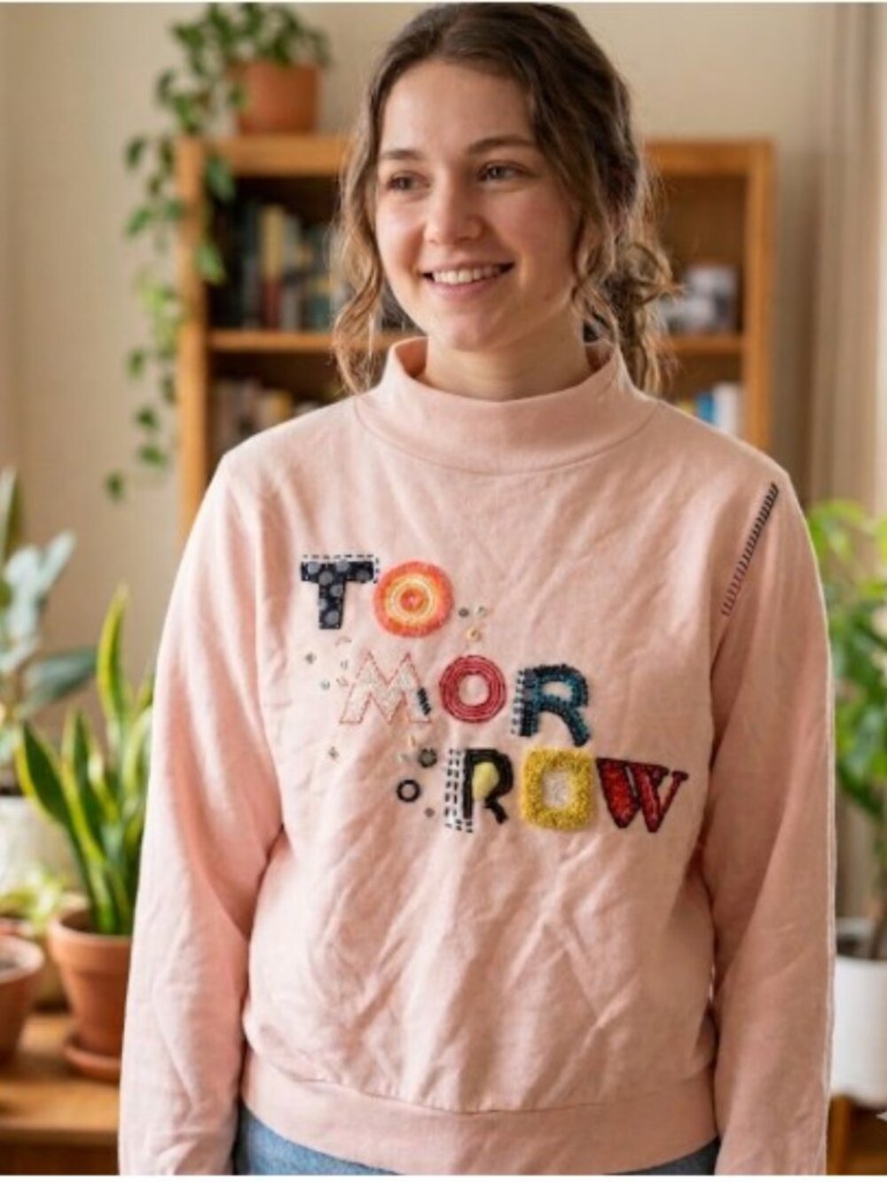 Anthropologie Embroidered Tomorrow Graphic Pink Pullover Sweatshirt Women Small